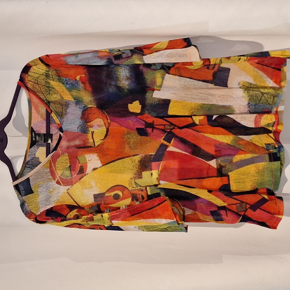 Ali Miles sheer, multi-graphic multicolor v-neck tunic size extra large